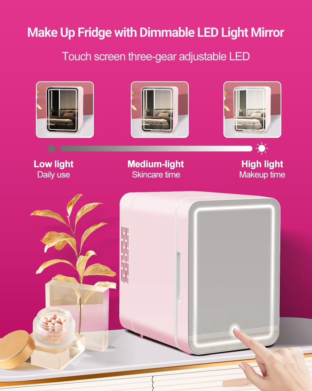 NISHCON 4-Liter Pink Portable Mini Fridge for Skincare Beauty Cosmetic Makeup With Mirrored Door and Dimmable LED Light