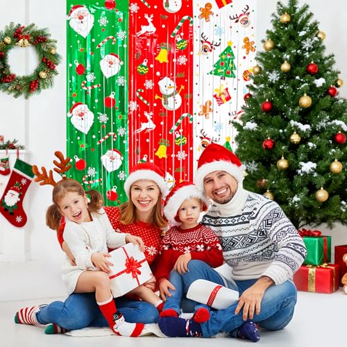 Festive Foil Fringe Curtains Red Green White with Santa & Reindeer - Christmas Party Backdrop & Photo Booth Props - 3 Pack