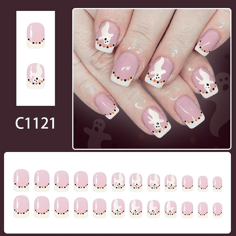 Halloween Press on Nails Short Square White Ghost Design French Tip