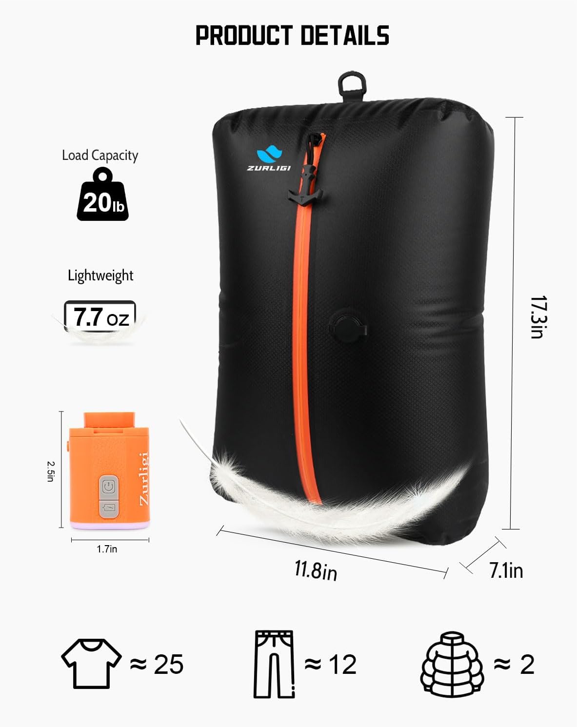 Zurligi Vacuum Compression Bags - 39L Waterproof Packing Cubes with Handle & Mini Pump | Black