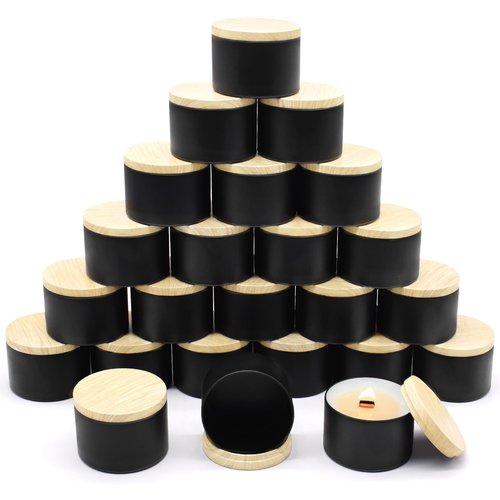 YJHSS 8oz Black Candle Tins with Metal Wood-Grain Printing Lids, 24-Pack Candle Jars for Making Candles, Empty Candle Tins for Making Candles, Bulk 8 oz Candle Containers Candle Vessels