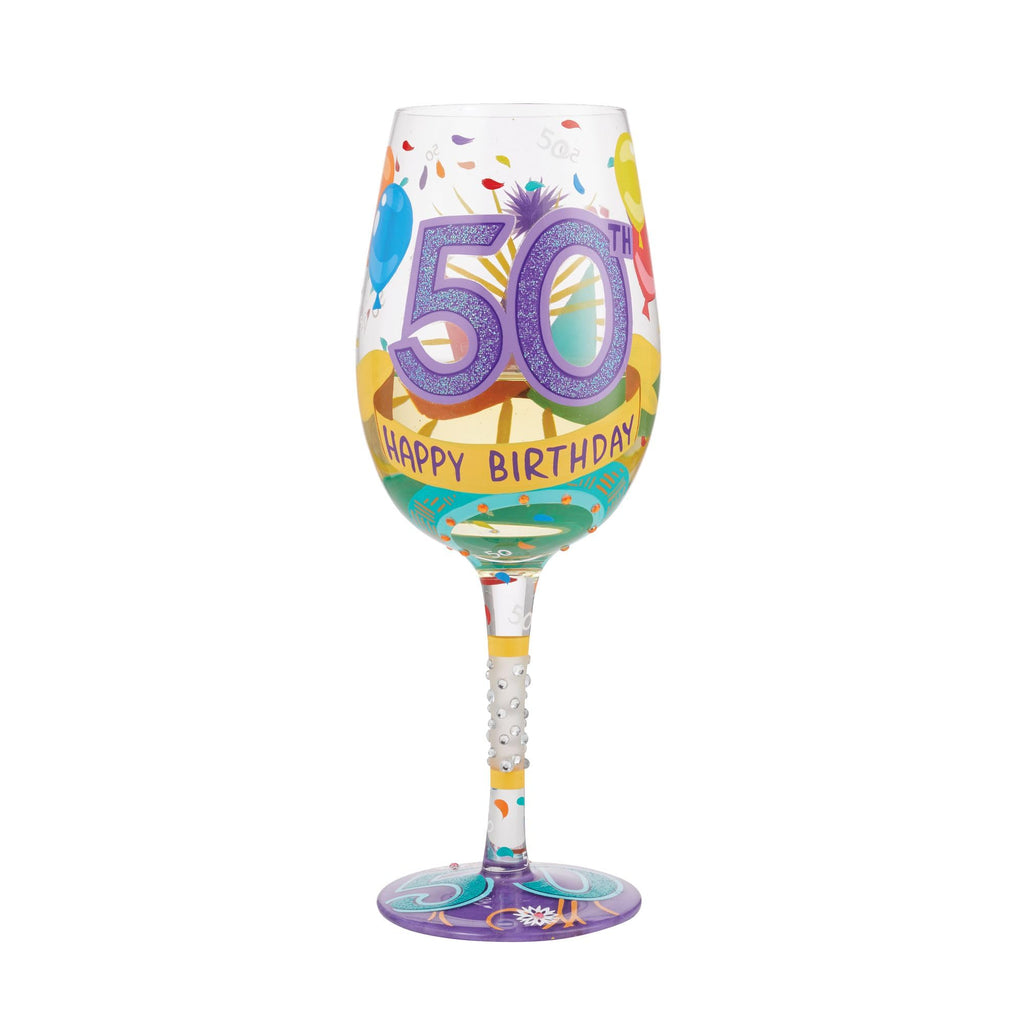 Enesco Designs by Lolita Happy 50th Birthday Hand-Painted Artisan Wine Glass, 15 Ounce, Multicolor