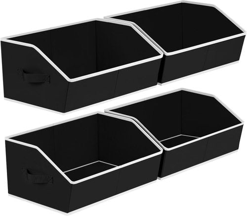 Homsorout Storage Baskets - Decorative Trapezoid Cube Organizer Bins with Handles | Large Black 4-Pack for Home & Office