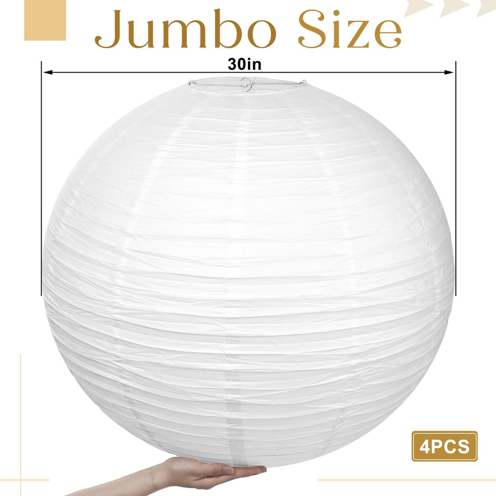 Woanger 4 Pack 30 Inch Large Paper Lantern Shade Jumbo White Japanese Chinese Round Hanging Japanese Paper Lantern Lamp for Home New Year's Eve Valentines Wedding Party Ceiling Decoration