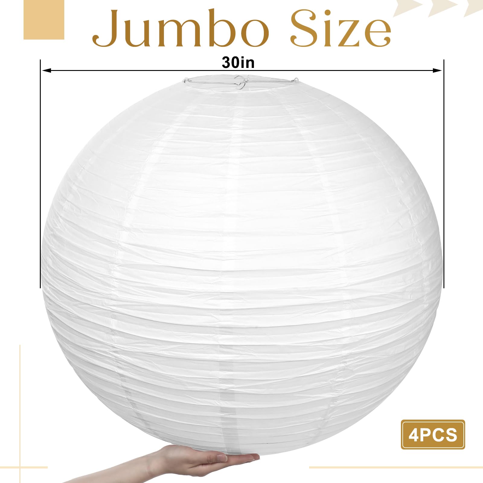 Woanger 4 Pack 30 Inch Large Paper Lantern Shade Jumbo White Japanese Chinese Round Hanging Japanese Paper Lantern Lamp for Home New Year's Eve Valentines Wedding Party Ceiling Decoration
