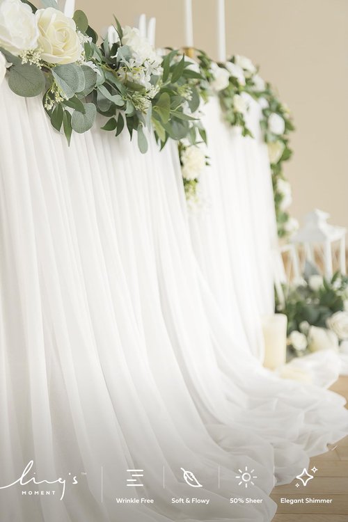 Ling's moment 14FT White Chiffon Table Skirt Recycle Use Extra Long Sheer Tablecloth for Backyard Wedding Reception Decorations Birthday Party Cake Dessert Decor