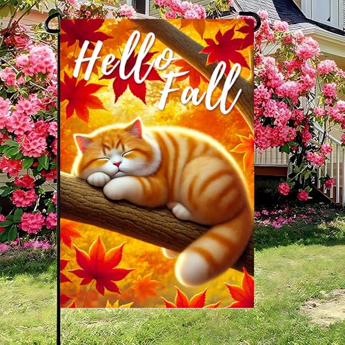 Hello Fall Garden Flag 12x18 Inch - Cute Cat & Maple Leaves