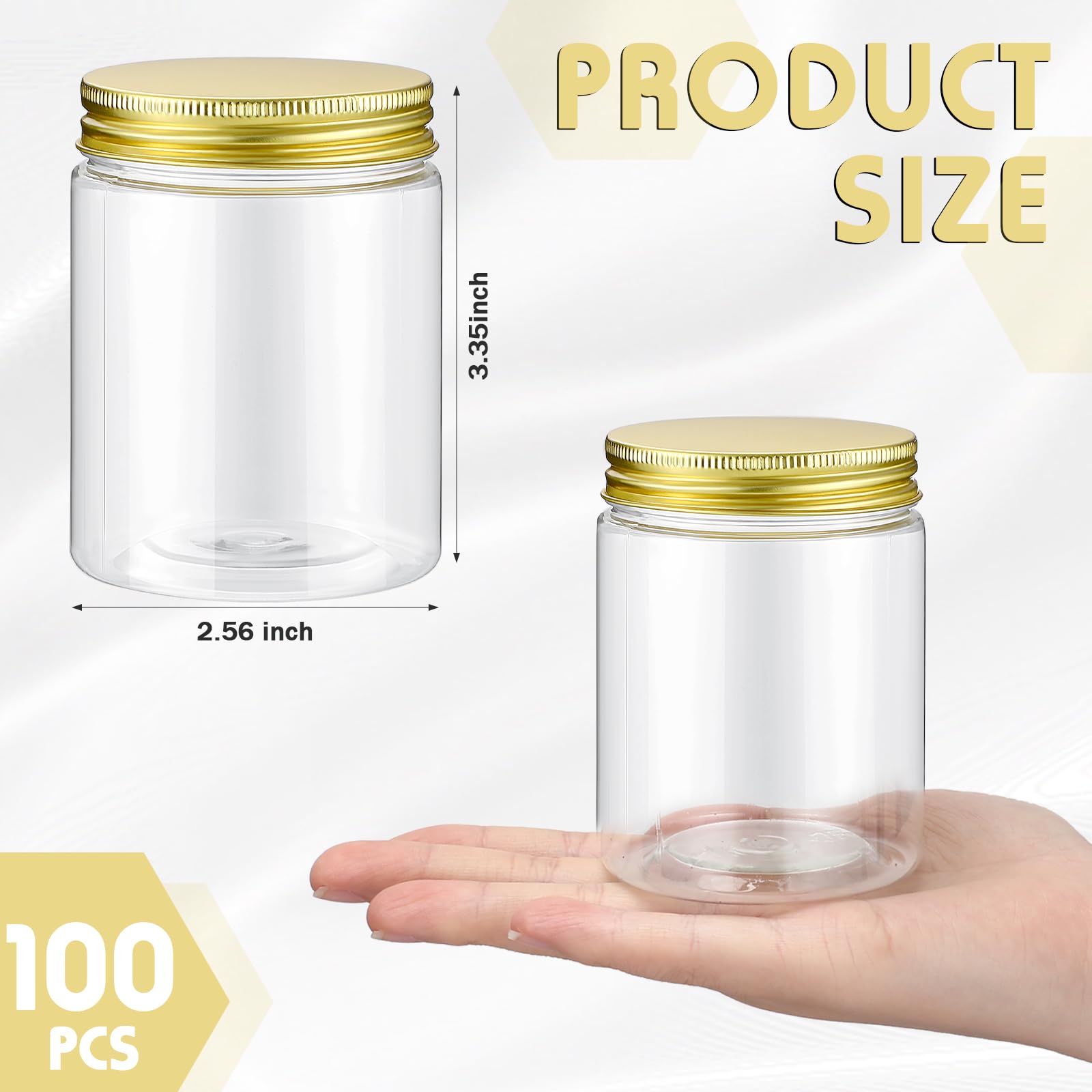 Wesiti 100 Pcs 8 oz Clear Plastic Mason Jars Containers With Screw on Gold Lids Refillable Round Empty Plastic Jars Storage Containers Reusable for Kitchen Household Dry Food Storage Honey Herb Nuts