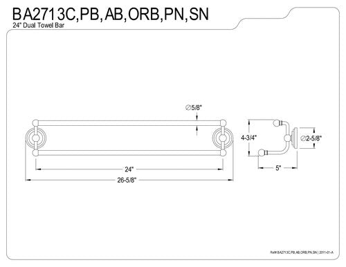 Kingston Brass BA2713AB Milano 24" Dual Towel-Bar, Antique Brass