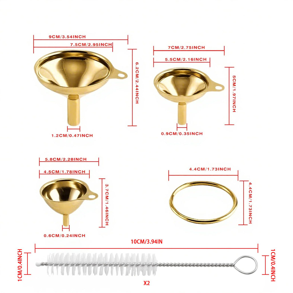 OYWOBET Gold Stainless Steel Funnels for Kitchen Use, Large Tiny Small Funnel Set of 3 with 2Pcs Cleaning Brush Set for Filling Bottles Oil Liquor Water Spice (Gold)