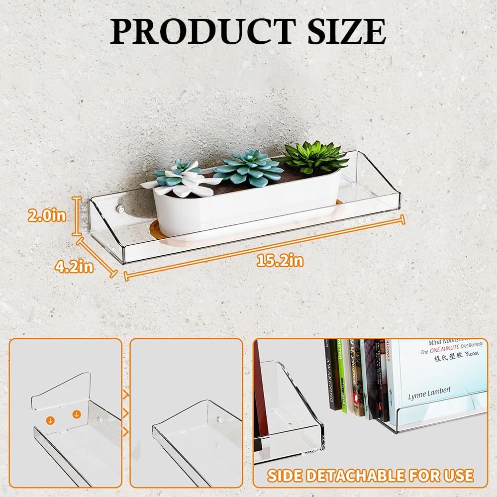 Regine Switzerland 15" Acrylic Floating Shelves - Stylish Wall-Mounted Bookshelves for Home Decor