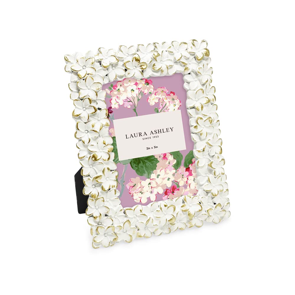 Laura Ashley 2x3 White & Gold Flower Textured Hand-Crafted Resin Picture Frame w/Easel & Hook for Tabletop & Wall Display, Decorative Floral Design Home Décor, Photo Gallery, Art (2x3, White/Gold)