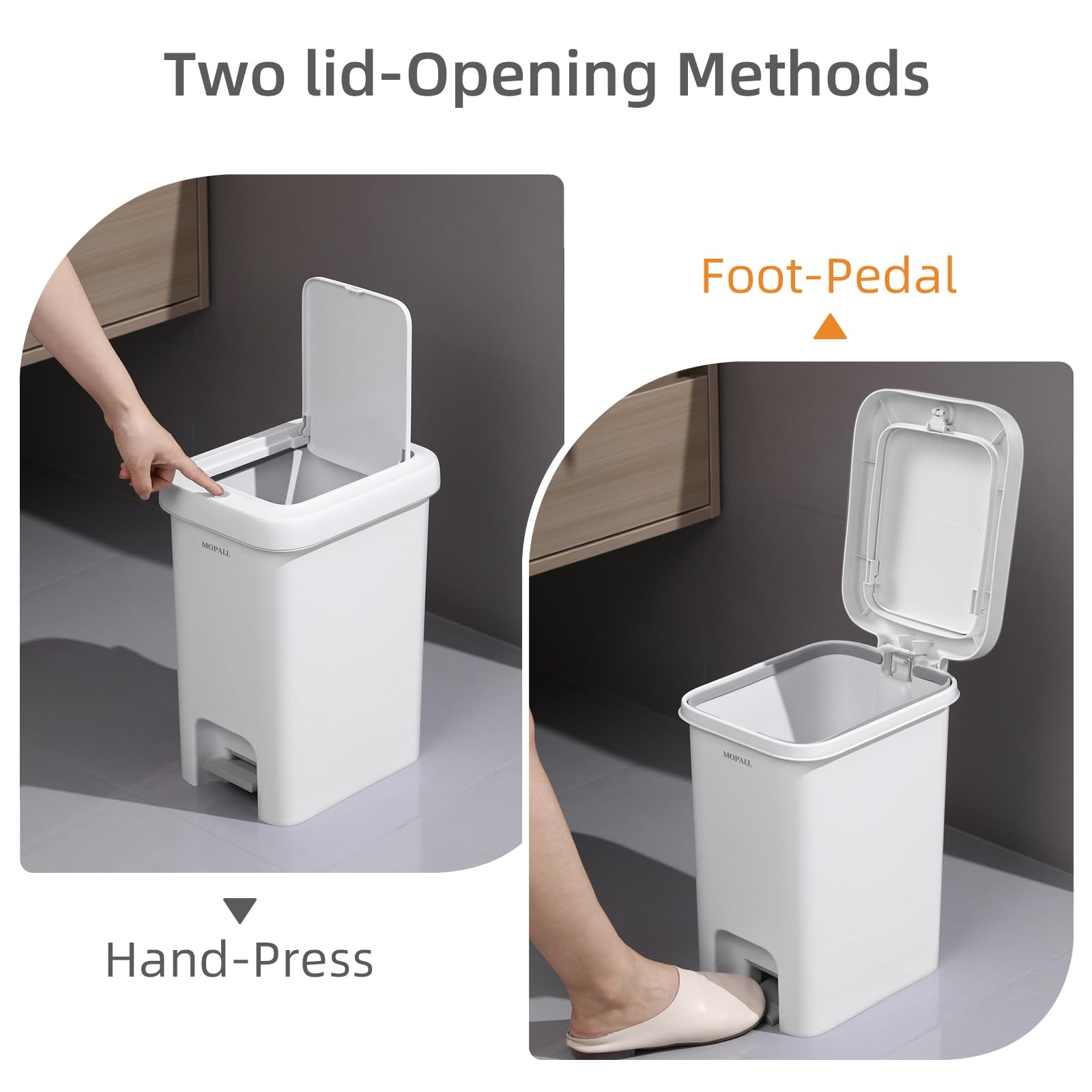MOPALL 1.9 Gallon Slim Bathroom Trash Can with Lid - Dual-Way Opening (Step Pedal & Press Top) Small Trash Can for Narrow Spaces, Rust-Proof Wastebasket Small Garbage Can for Bathroom, Bedroom, Office