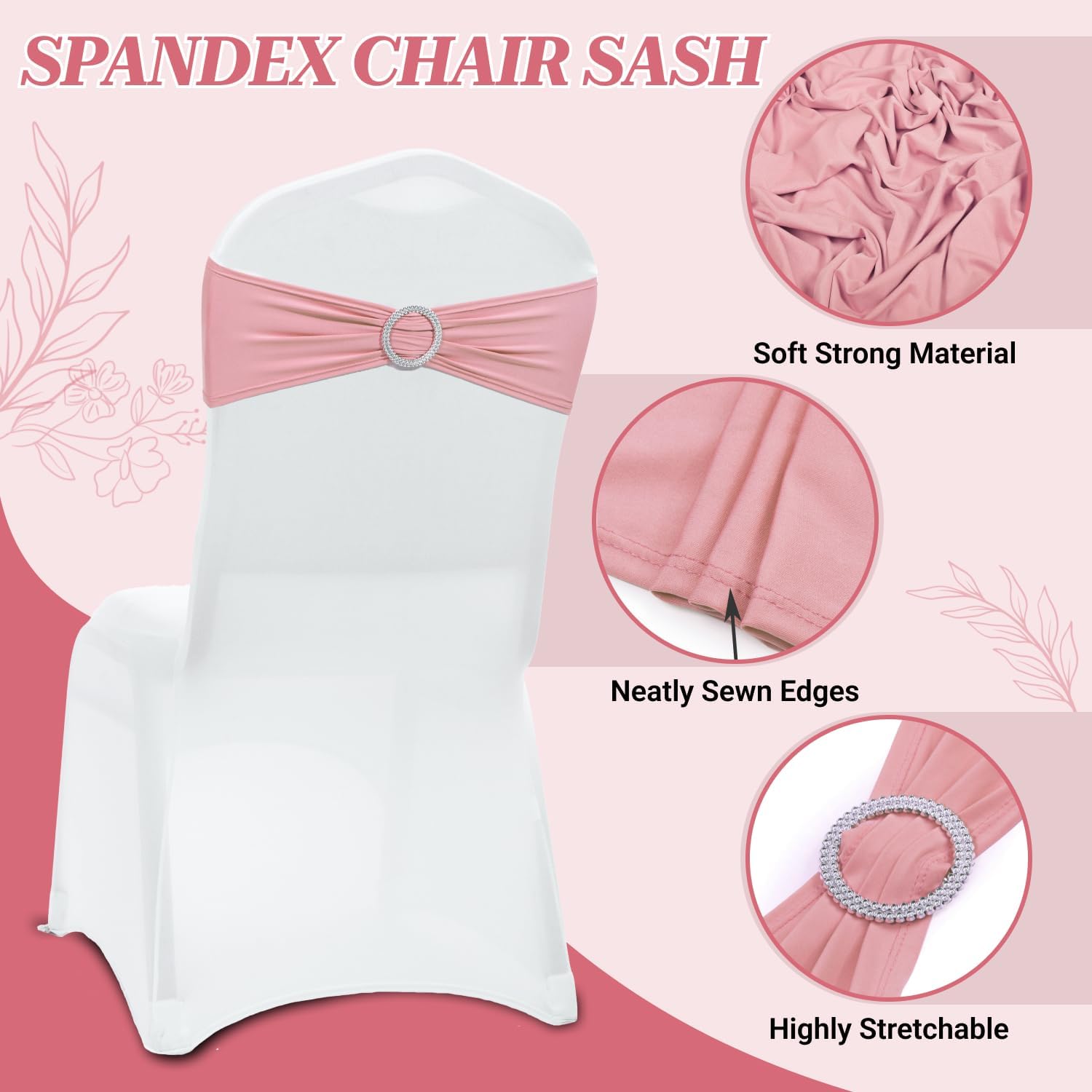 MDS Premium Spandex Chair Sashes - Universal Fit Stretch Covers with Buckle Slider | Pack of 100 - Dusty Rose