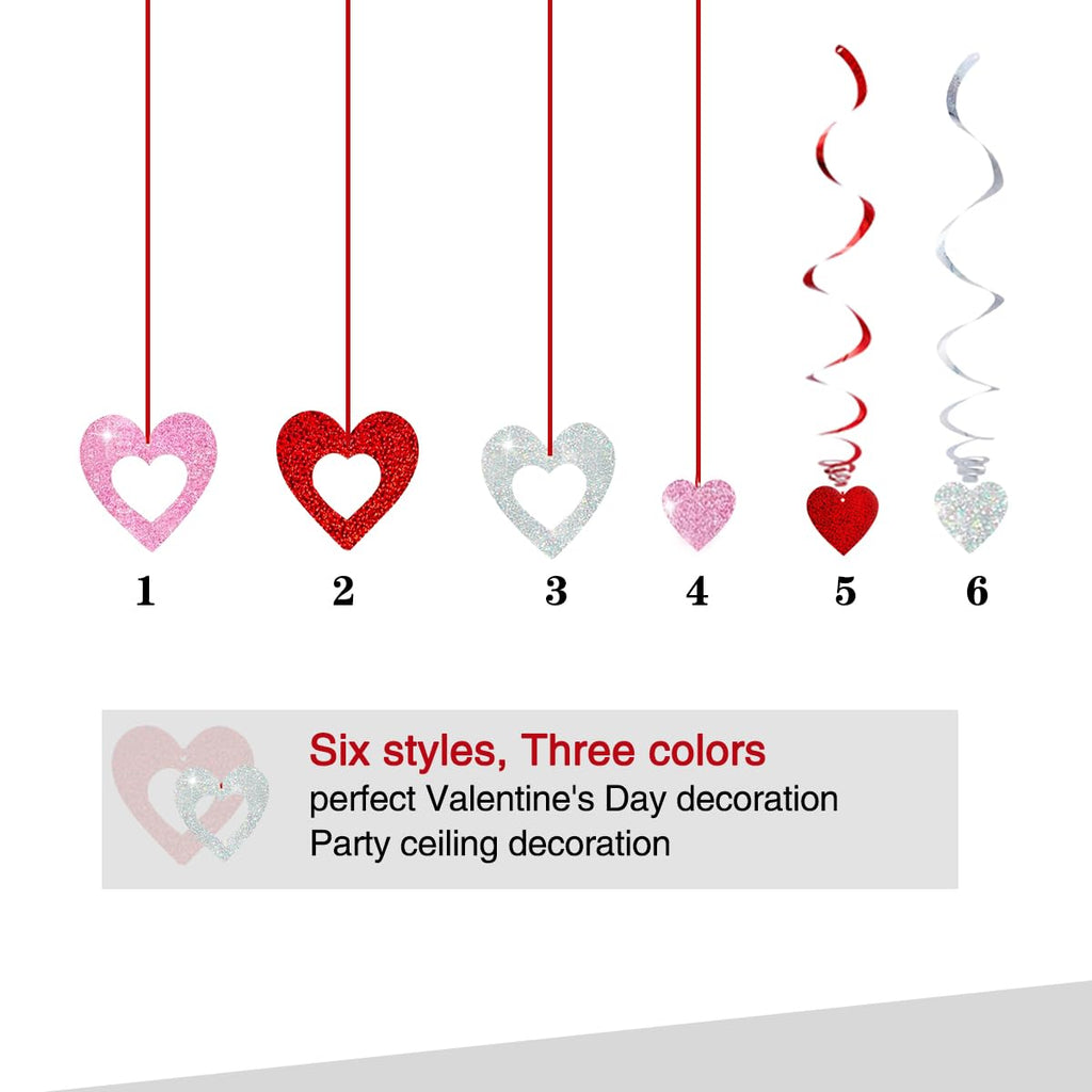 48 Pcs Valentine's Day Decorations Glitter Heart Hanging Swirls,Hanging Love Heart Swirls Wedding Party Supplies Decorations, Anniversary, Ceiling Decor.