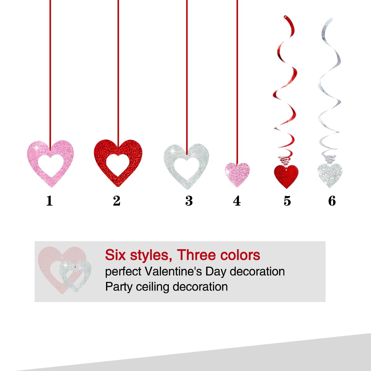 48 Pcs Valentine's Day Decorations Glitter Heart Hanging Swirls,Hanging Love Heart Swirls Wedding Party Supplies Decorations, Anniversary, Ceiling Decor.