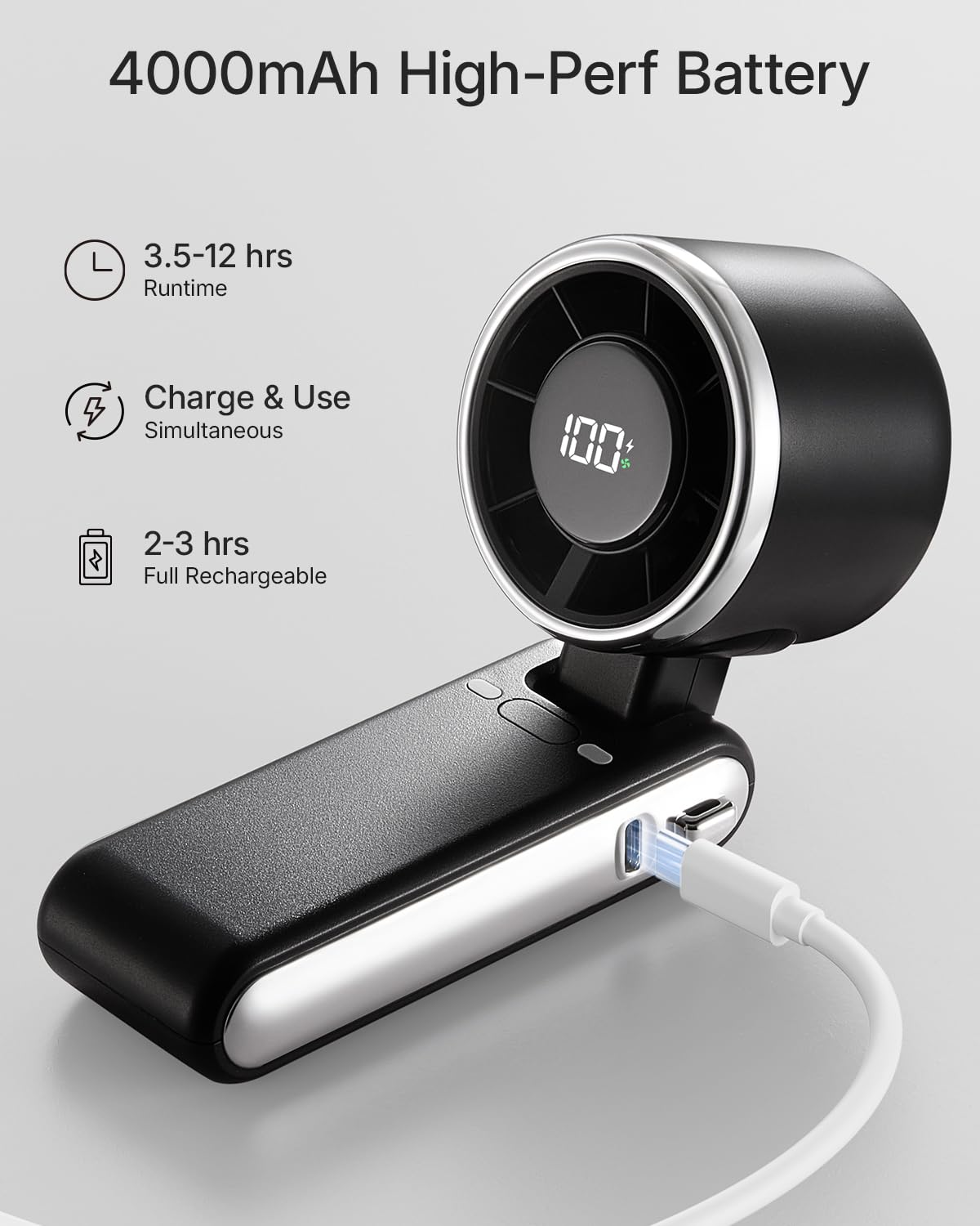 Bearwind Portable Handheld Turbo Fan - 5 Gear High Speed 4000mAh Rechargeable Mini Personal Hand Fan Blow Cold Air, Battery Operated Travel Essentials, Beach Vacation, Gifts for Women, Men (Black)