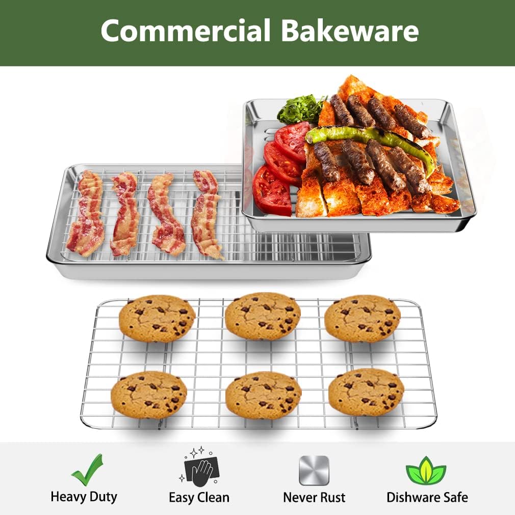 ROTTAY Small Baking Sheet Pan Set - 2 Stainless Steel Cookie Sheets with Wire Racks | Heavy Duty, Warp Resistant, 9 x 7 x 1 Inches