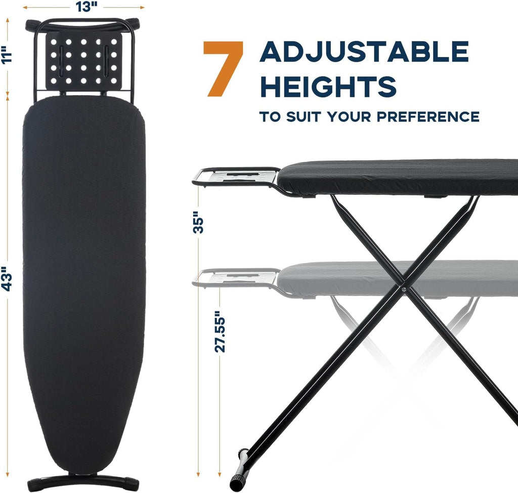 RAINHOL Full Size Ironing Board - Heavy Duty 54"x13" with Heat Resistant Cover & Adjustable Height | Black