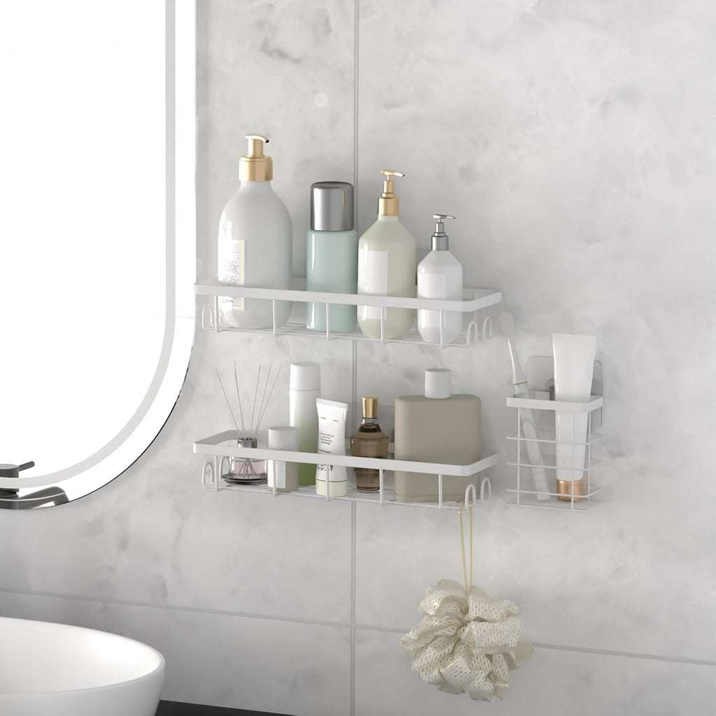 Skiennix Shower Caddy Organizer - Self-Adhesive Bathroom Shelves with Hooks | No Drilling, 3-Pack White