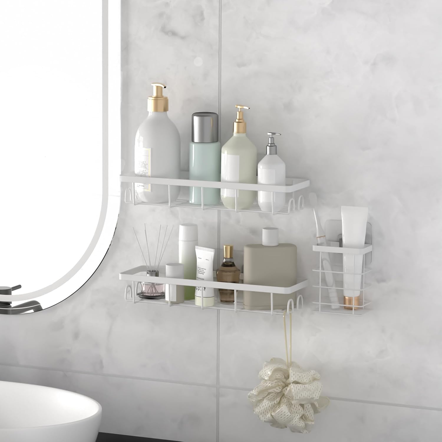 Skiennix Shower Caddy Organizer - Self-Adhesive Bathroom Shelves with Hooks | No Drilling, 3-Pack White