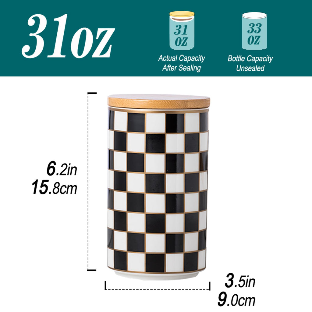 XYQXYQ Kitchen Countertop Ceramic Checkered Canisters,Black And White Food Storage Containers With Lid,Airtight Kitchen Canisters for Flour, Sugar, Coffee, Tea, and Dry Goods (Black, Large)