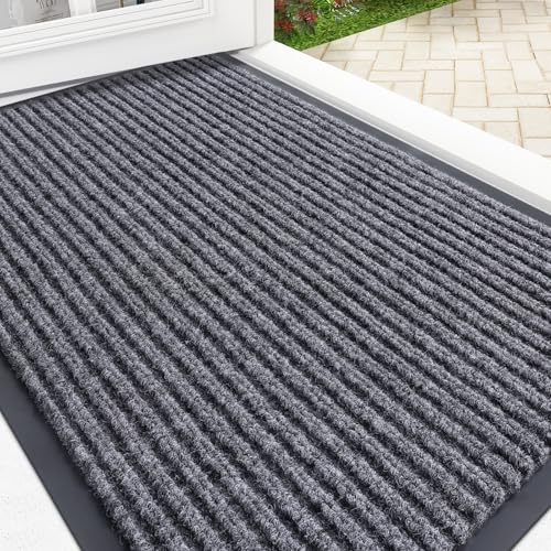 OLANLY Heavy-Duty Indoor Outdoor Doormat, 29.5" x 17" Grey Stripe Mat