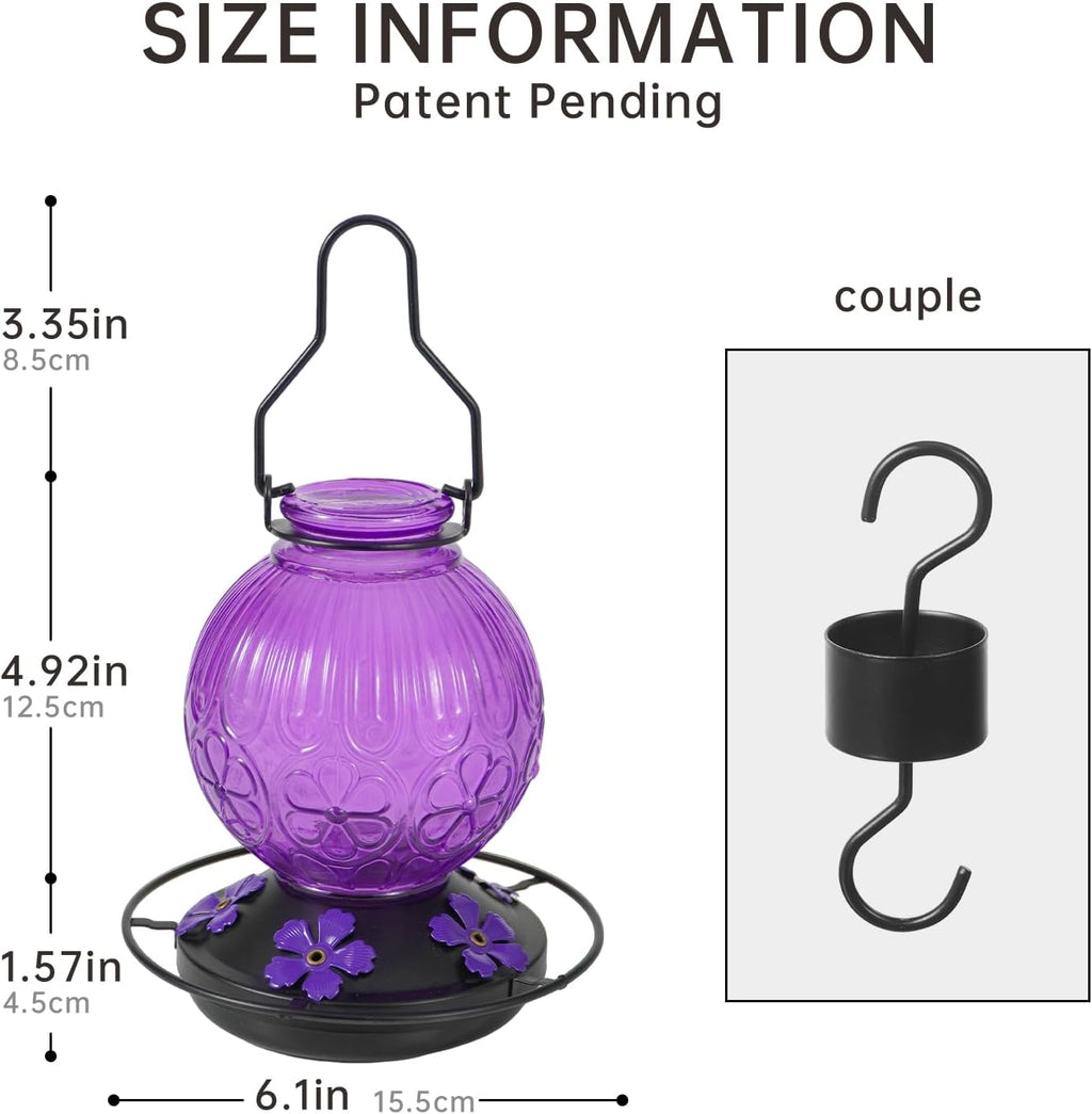 Skiennix Glass Hummingbird Feeder - 23Oz Leak-Proof Nectar Feeder with 5 Flower Ports | Purple Garden Decor Gift