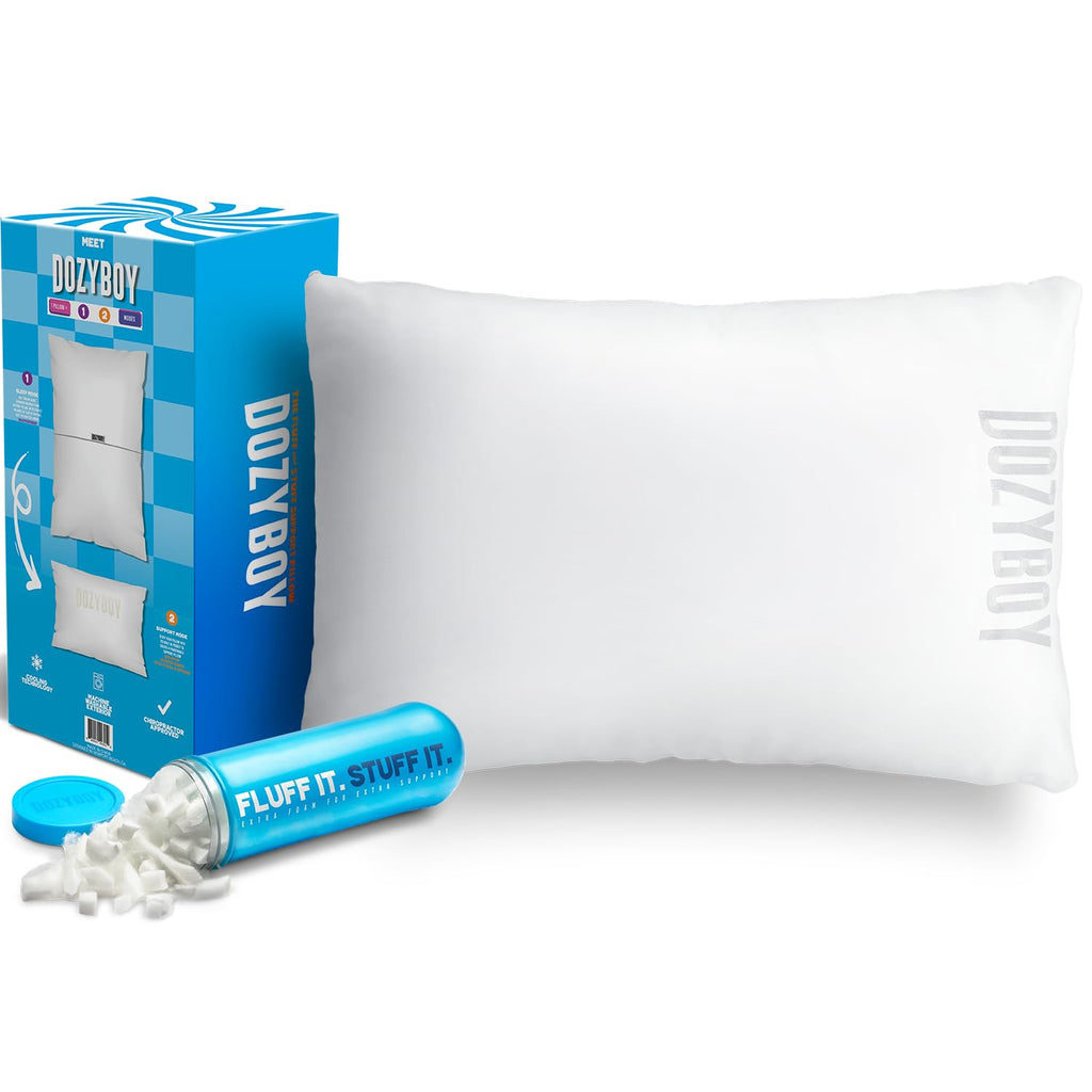 DozyBoy Fluff and Stuff Comfort Pillow | Queen Size Memory Foam Pillows, Chiropractor Designed and Approved 2-in-1 Back Support and Bed Pillows | Fully Adjustable Pillow (White, Queen (Pack of 1))