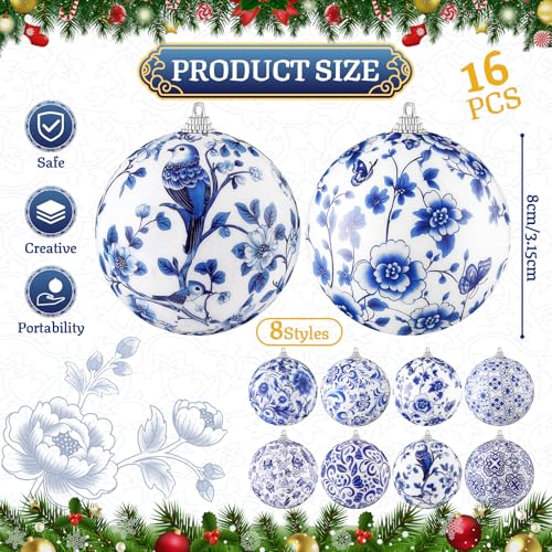 Blue and White Chinoiserie Christmas Ornaments 16 Pack - 3 Inch Holiday Decor