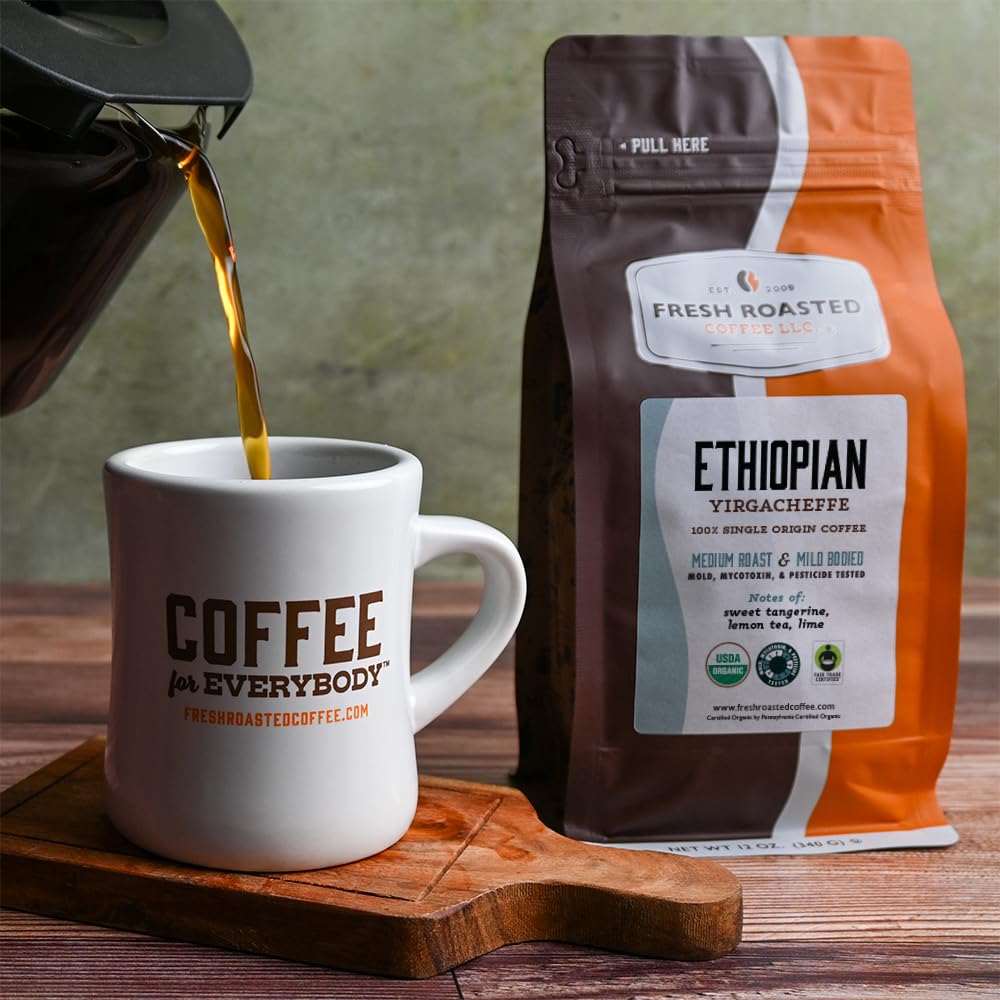 Fresh Roasted Coffee, Organic Ethiopian Yirgacheffe Whole Bean Coffee, Light Roast, USDA Organic, 3rd Party Tested for Mold, Mycotoxin & Pesticides, Kosher, 12 oz