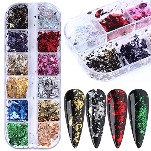 Vezocim Holographic Nail Art Foil Flakes, 12 Colors Sparkly Ultra-Thin Laser Sequins for Acrylic Nails and Manicure DIY