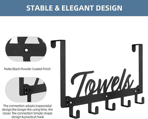 Azmoncy Over The Door Hooks - Heavy Duty Towel Rack with 5 Coat Hooks | Black, Ideal for Bathroom & Kitchen