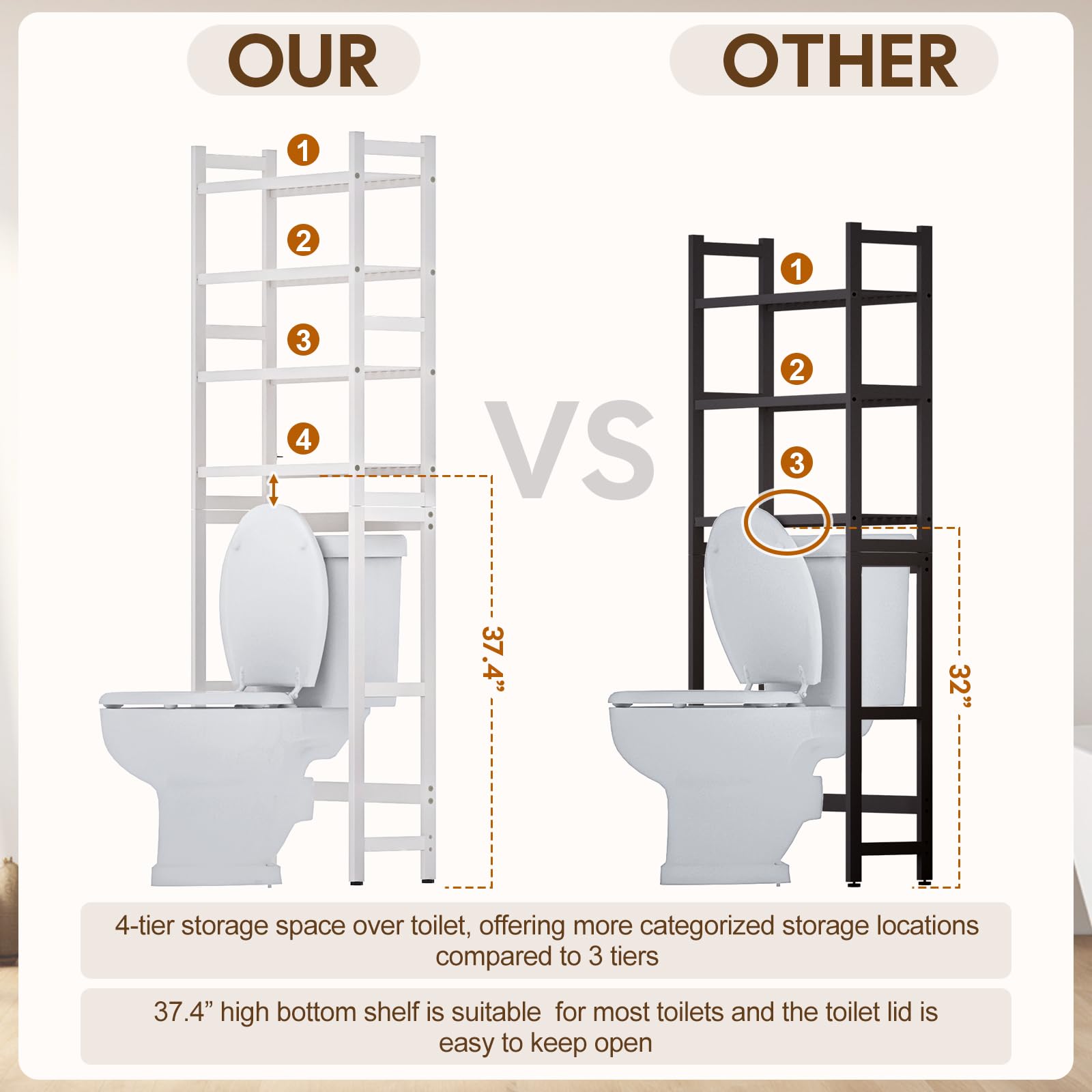 Cozivolife Over The Toilet Storage: 4-Tier Bamboo Organizer Rack with 2 Baskets & Paper Holder & 4 Hooks & Waterproof Feet Pad, Adjustable Freestanding Shelf for Bathroom (White)