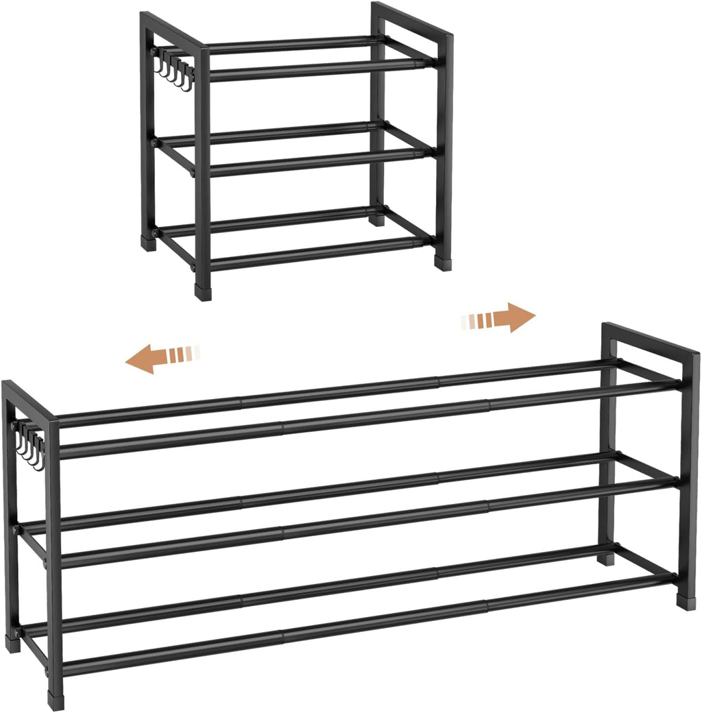 Skiennix Expandable Shoe Rack - Adjustable 3-Tier Organizer for 18 Pairs | Sturdy Metal Storage in Black