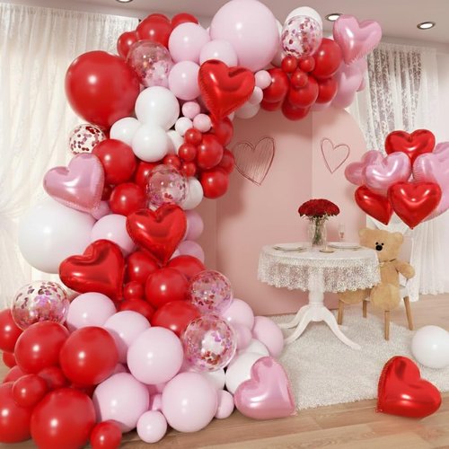 PityBlns Valentine's Day Balloon Arch Kit - 153Pcs Pink and Red Heart Foil Balloon Red and Pink White Balloons Garland Kit for Valentines Day Galentine's Day Anniversary Wedding Party Decorations