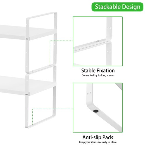 SOFRON Expandable Cabinet Storage Shelf Stackable Organizer Rack for Kitchen Bathroom Pantry Spice Cupboard Countertop Home Office Desk Heavy Duty Nonslip White Large 2 PACK