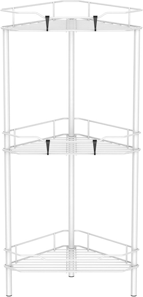 HuggieGems Corner Shower Caddy Organizer - 3 Tier Floor Standing Shelf with Hooks | White Bathroom Storage