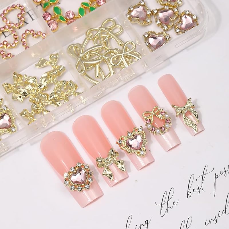 60 Pcs Heart Nail Charms Y2K Alloy Rhinestone & Bow Art Decorations