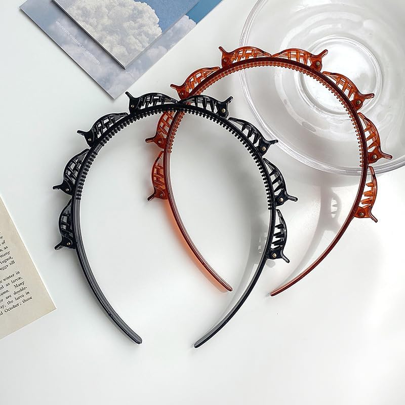 Double Layer Twist Plait Headband with Small Clips 2-Piece Set