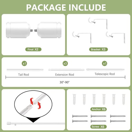 Adjustable 5/8” White Curtain Rods by [Brand Name] | Fits 30-90 Inch Windows with Brackets