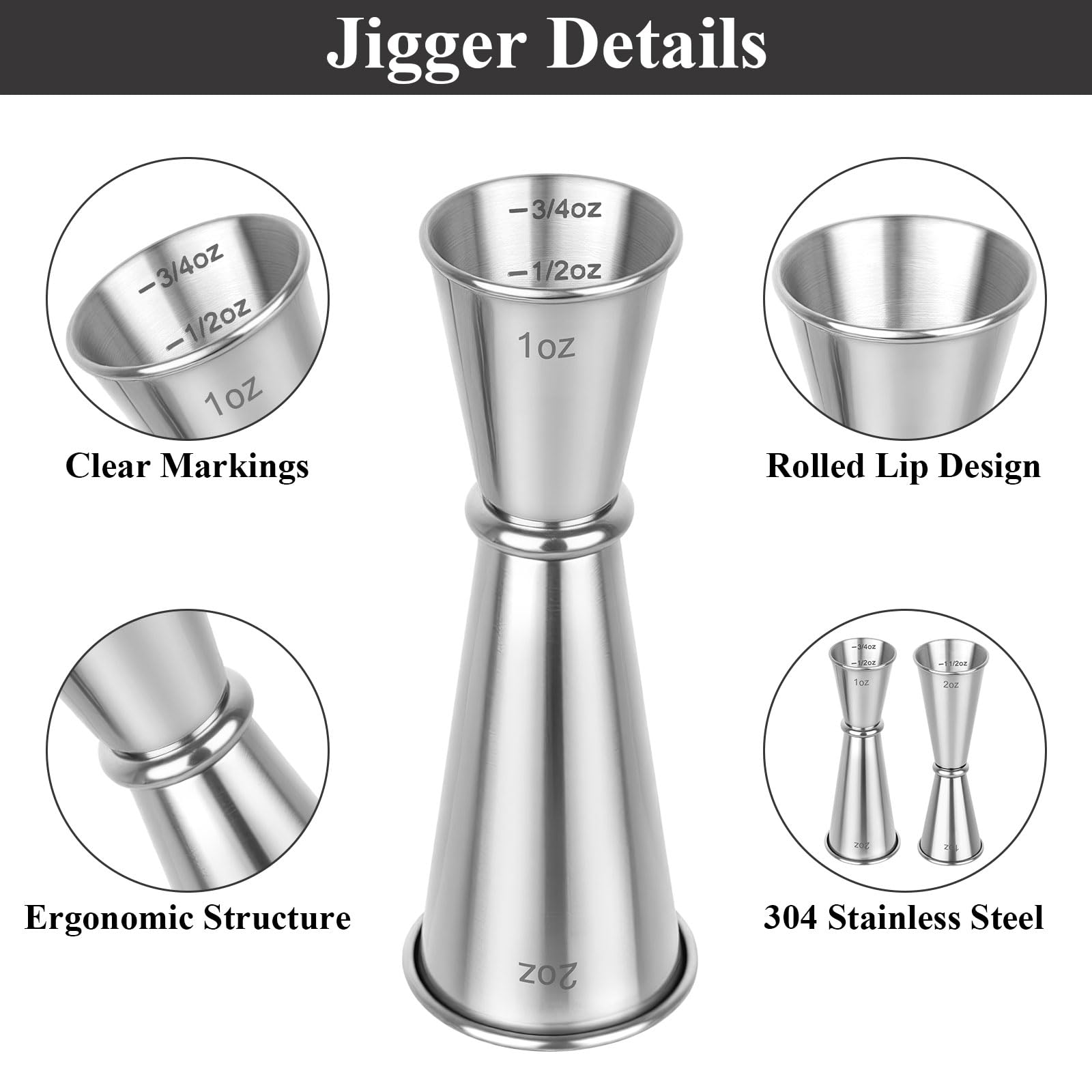 2 Pack Jigger for Bartending, 2 OZ 1 OZ Double Shot Cocktail Measure Jiggers, Stainless Steel Measuring Cup Bartending Supplies (Silver)