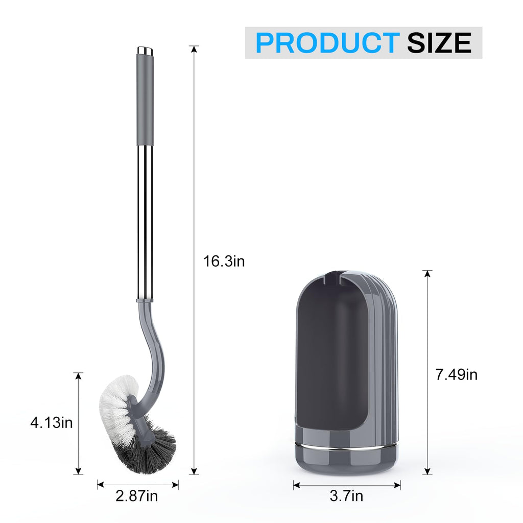 SetSail Toilet Brush and Holder Set, Compact Size Curved Toilet Bowl Brush for Bathroom Deep Cleaning with Stainless Steel Handle Toilet Cleaner Brush, Grey-2p