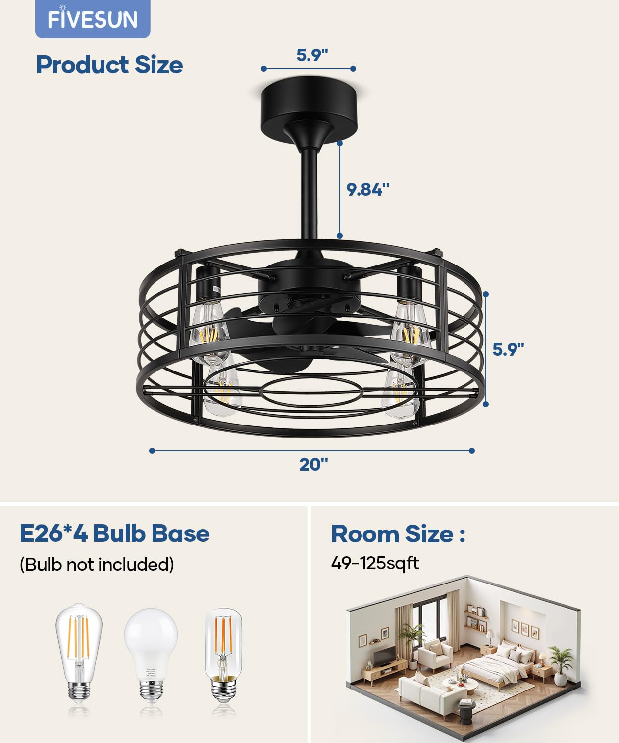 Fivesun 20" Caged Ceiling Fans with Lights and Remote, Fandelier Farmhouse Industrial Fan Lights Ceiling Fixtures Small Ceiling Fan with 6 Speeds and Timing for Kitchen, Bedroom, Outdoor-Black