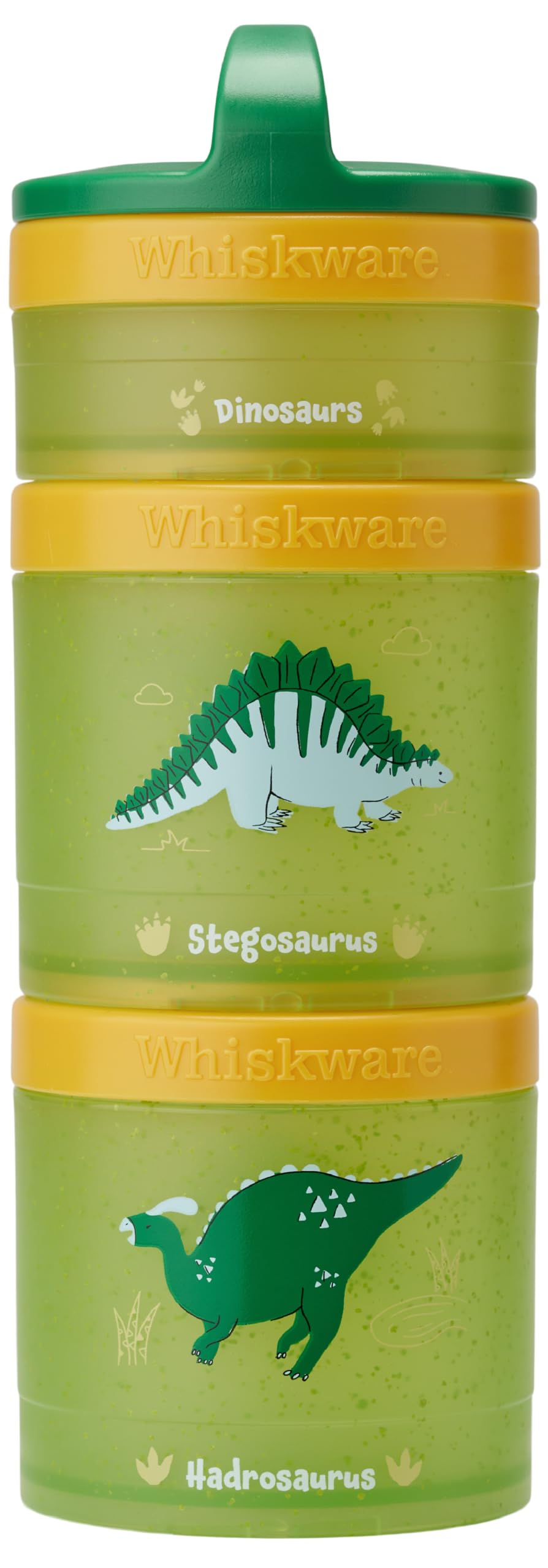 Whiskware Dinosaur Stackable Snack Containers for Kids and Toddlers, 3 Stackable Snack Cups for School and Travel, Green/Orange