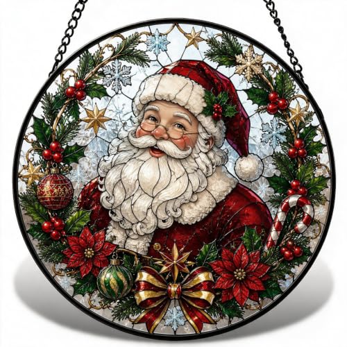 Christmas Santa Claus Stained Glass Suncatcher for Window Hanging - Red Santa, 7.9"
