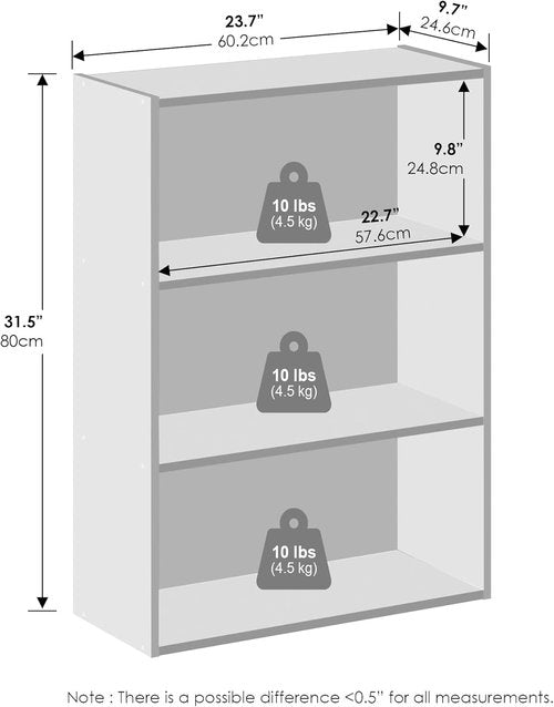 Furinno 3-Tier Bookshelf - Simple Storage Solution for Living Room, Bedroom & Home Office | Plain White 9.7 x 23.7 x 31.5