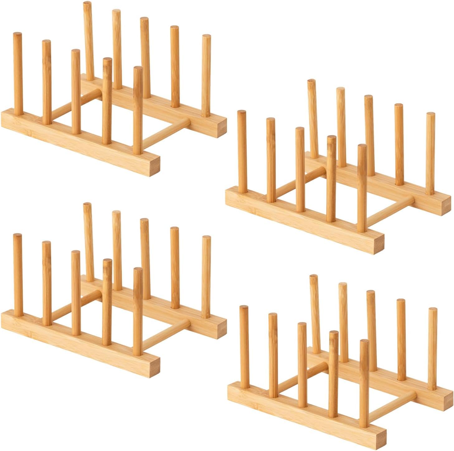 Yuixoseu 4 Pcs Bamboo Wooden Dish Rack, Plate Organizer for Cabinet Space Saver and Kitchen Counter, Bowl/Cup/Pot Lid/Cutting Board Drying Holder (4 Slots)