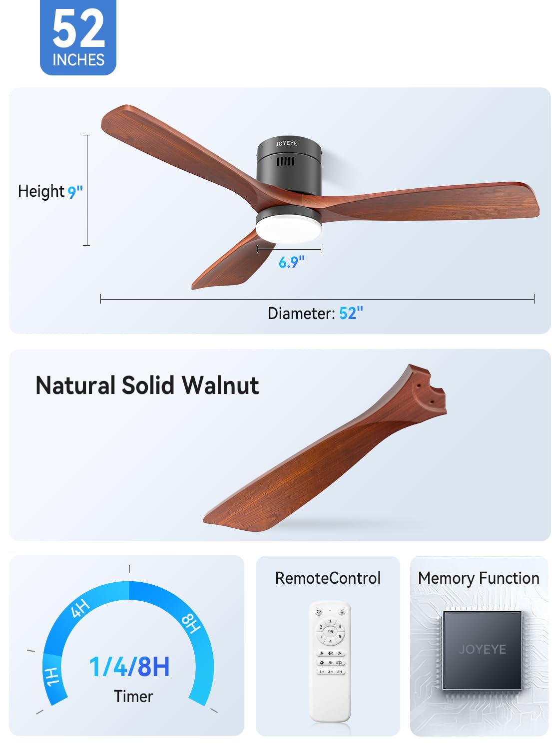52 Inch Ceiling Fans with Lights and Remote, Solid Wood 3 Blade Modern Ceiling Fan, Quiet DC Motor, 6 Speeds, Dimmable LED, Timer, Indoor & Covered Outdoor Living Room, Bedroom, Patio (Darkwalnut)
