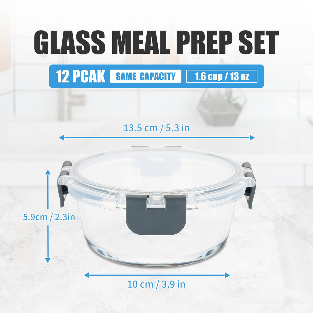 GULFLIN 12 Pack Small Glass Food Storage Containers with Lids Airtight, 13oz Leak-Proof Meal Prep Containers Set, Freezer to Microwave Safe, Dishwasher Safe